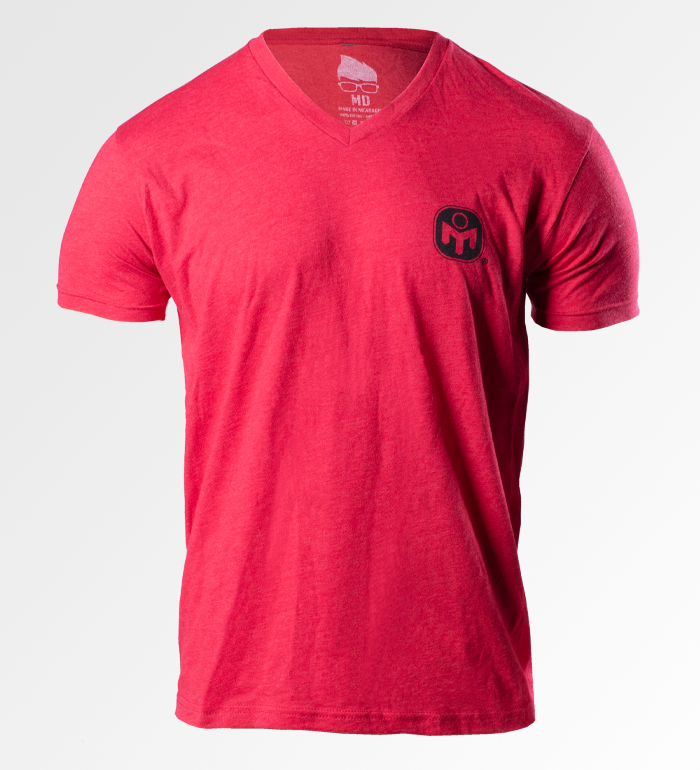 photo of red v neck tee with black solid mensa logo in upper left chest