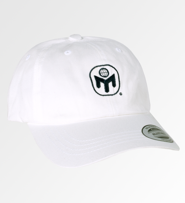 photo of white hat with green mensa globe logo embroidered on front.