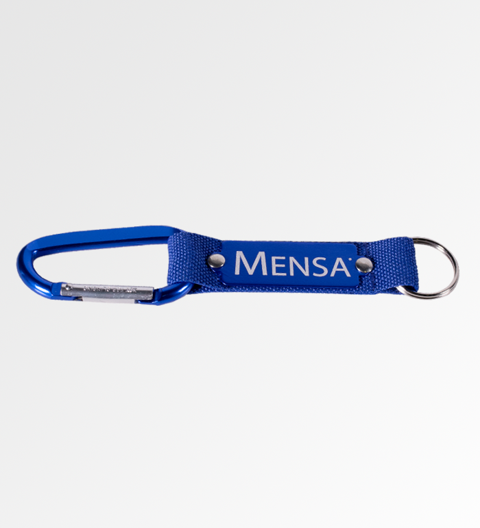 photo of blue keychain with metal tag attached with mensa text 