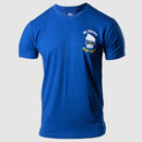 photo of blue tee. mensa hair and glasses logo on upper left chest  be smart text in white above and stay safe text in yellow.