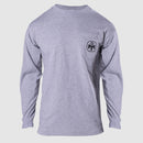 photo of grey longsleeve with mensa logo in black on upper left pocket.