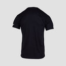 back view of black shirt with white mensa logo on left sleeve