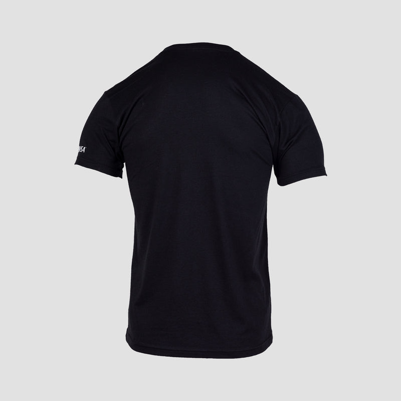 back view of black shirt with white mensa logo on left sleeve