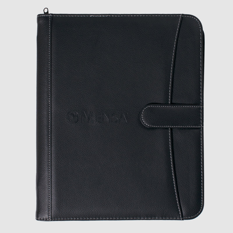 photo of zippered portfolio in black with mensa text embossed on front.