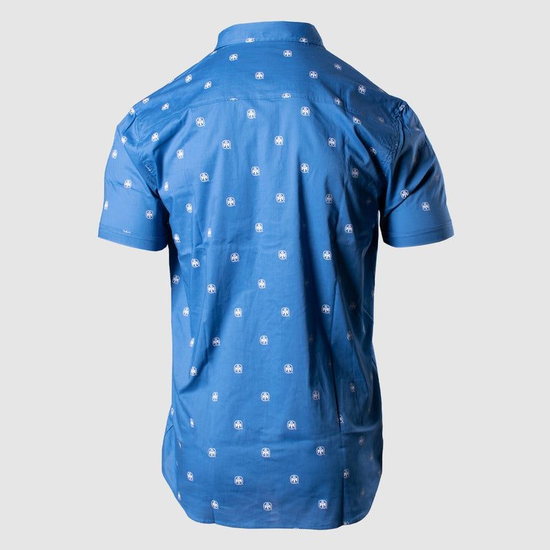 rear view photo of blue buttondown with mensa logo pattern in white.