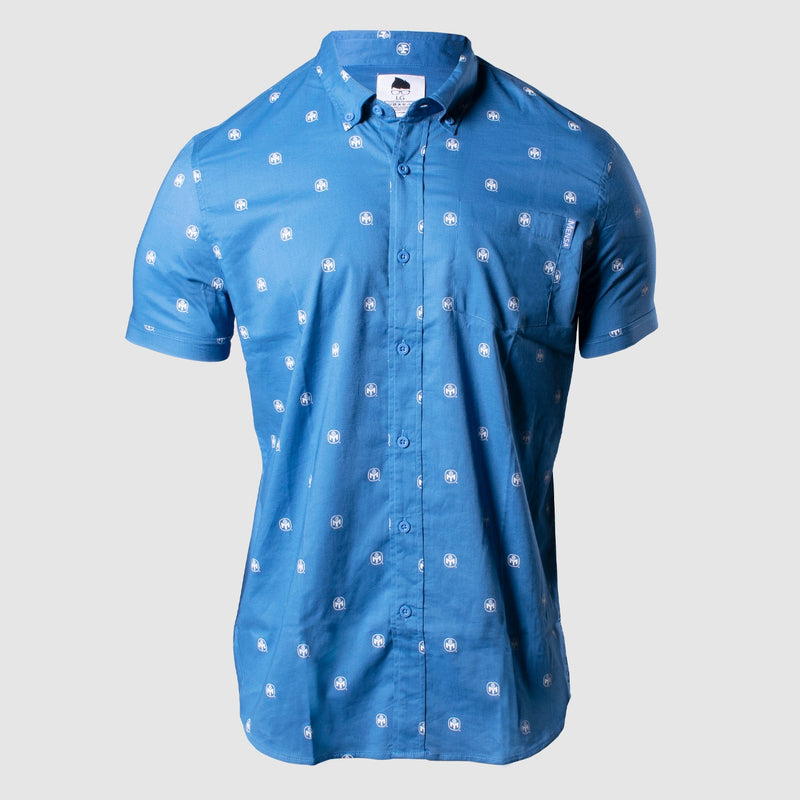 photo of blue buttondown with mensa logo pattern in white.