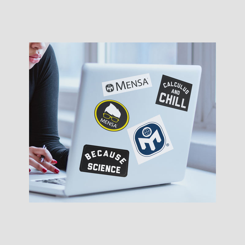 photo of mensa stickers applied to laptop.